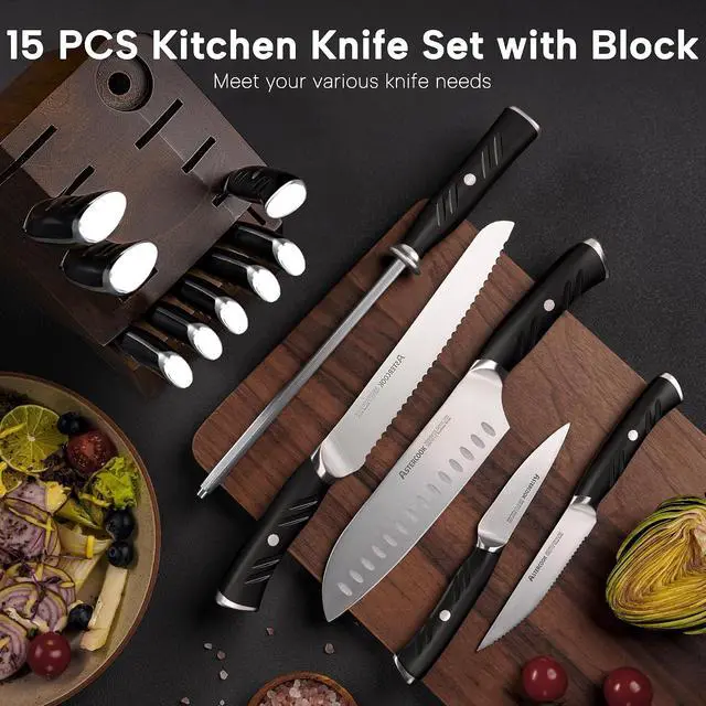 Alt view image 7 of 7 - Astercook 15-Piece Kitchen Knife Sets with Block, German 1.4116 Stainless Steel Knives Sets, Full Tang Knife Set,Ergonomic Handle,Dishwasher Safe Black