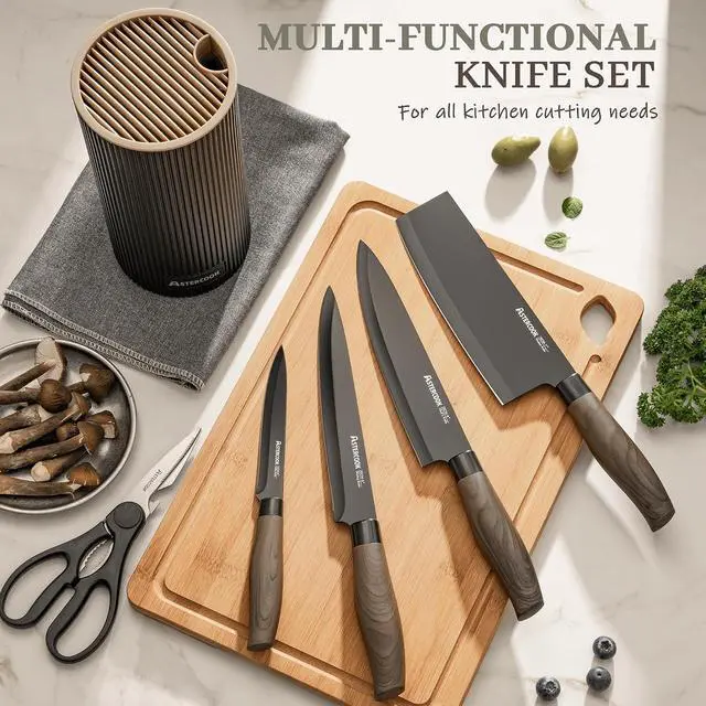 Alt view image 2 of 7 - Astercook Knife Set, 6-Piece Kitchen Knives Set with Block & Non-Stick Healthy Coating, Stainless Steel Chef Knives with Anti-Slip Ergonomic Handle, Dishwasher Safe, Perfect Kitchen Home Gifts, Black