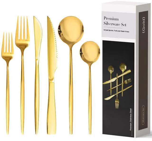Main image of Astercook 25-Pieces Gold Silverware Set with Steak Knives for 4 - Great Food-Grade Stainless Steel Flatware Set, Mirror-polished Cutlery Utensil Sets, Ideal for Home Restaurant & Banquet Use, Gold
