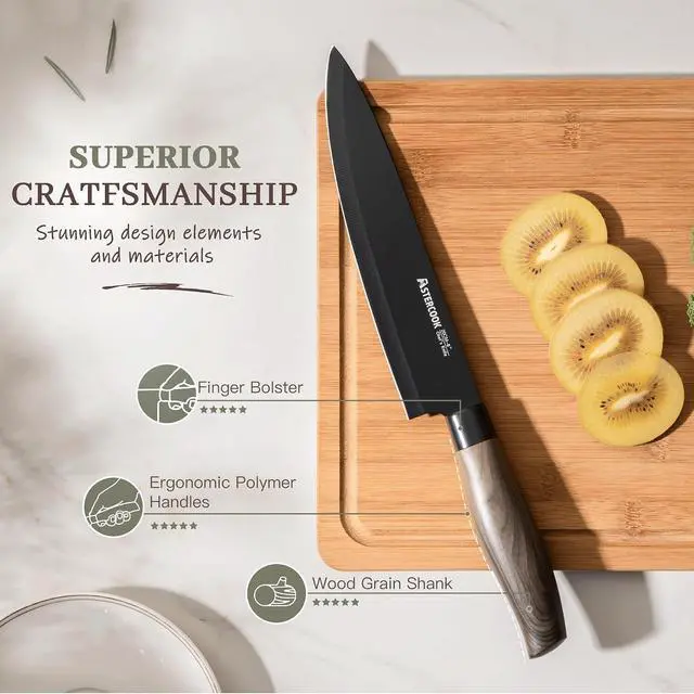 Alt view image 6 of 7 - Astercook Knife Set, 6-Piece Kitchen Knives Set with Block & Non-Stick Healthy Coating, Stainless Steel Chef Knives with Anti-Slip Ergonomic Handle, Dishwasher Safe, Perfect Kitchen Home Gifts, Black