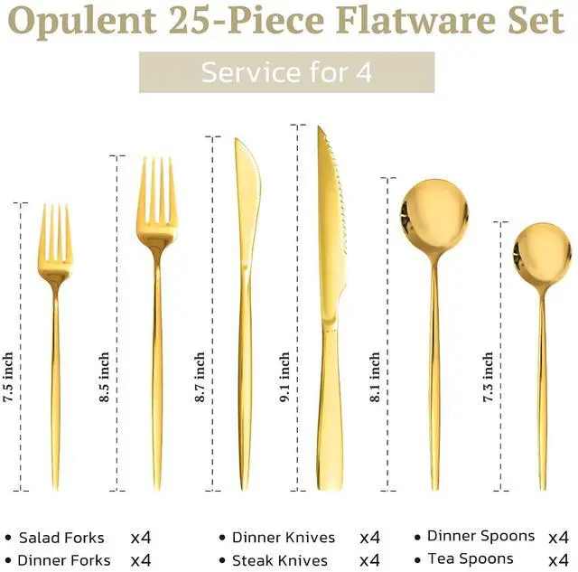 Alt view image 2 of 7 - Astercook 25-Pieces Gold Silverware Set with Steak Knives for 4 - Great Food-Grade Stainless Steel Flatware Set, Mirror-polished Cutlery Utensil Sets, Ideal for Home Restaurant & Banquet Use, Gold