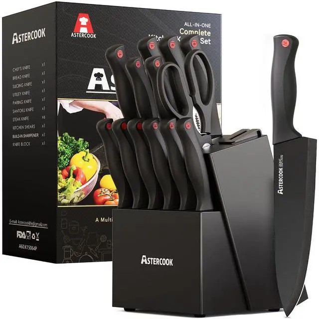 Main image of Astercook Kitchen Knife Set, 14 Pcs Knives Block Set with Built-in Sharpener, Healthy Anti-Rust Coating & German Stainless Steel Knife Set, Dishwasher Safe Black