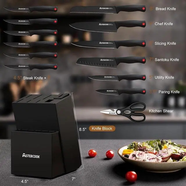 Alt view image 2 of 7 - Astercook Kitchen Knife Set, 14 Pcs Knives Block Set with Built-in Sharpener, Healthy Anti-Rust Coating & German Stainless Steel Knife Set, Dishwasher Safe Black