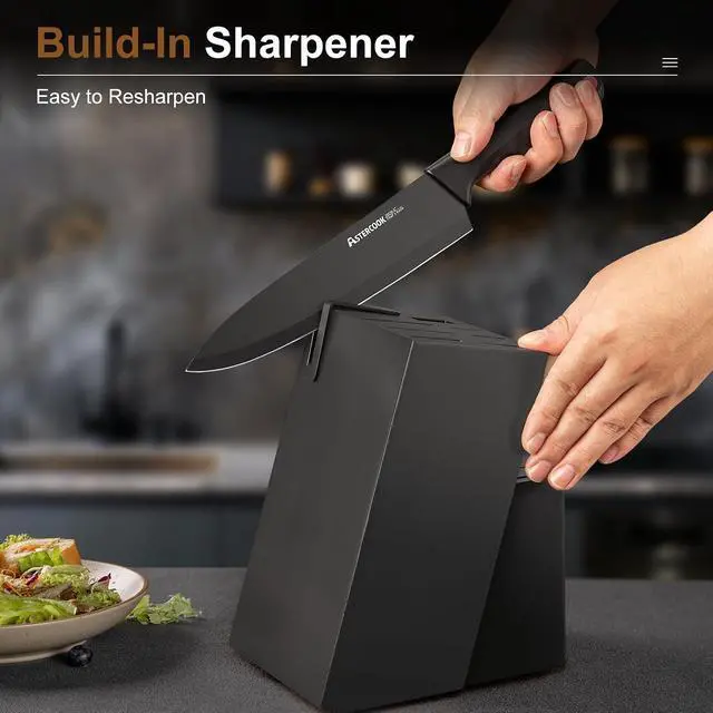 Alt view image 3 of 7 - Astercook Kitchen Knife Set, 14 Pcs Knives Block Set with Built-in Sharpener, Healthy Anti-Rust Coating & German Stainless Steel Knife Set, Dishwasher Safe Black