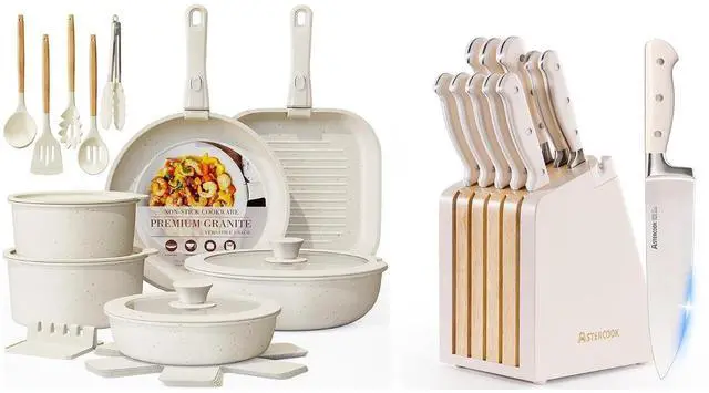 Main image of Astercook 23 Pcs Pots and Pans Set Non Stick and 12-Piece Full Tang Kitchen Knife Set with Block and Sharpener