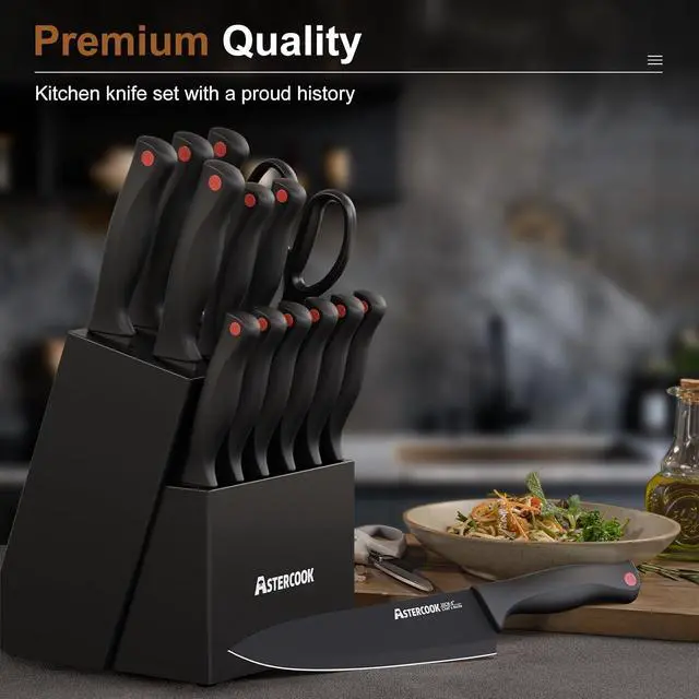 Alt view image 4 of 7 - Astercook Kitchen Knife Set, 14 Pcs Knives Block Set with Built-in Sharpener, Healthy Anti-Rust Coating & German Stainless Steel Knife Set, Dishwasher Safe Black