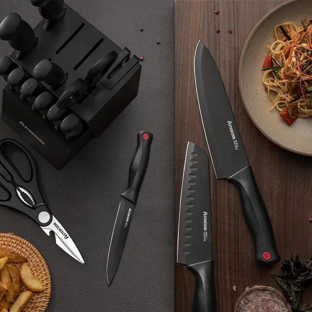 Alt view image 6 of 7 - Astercook Kitchen Knife Set, 14 Pcs Knives Block Set with Built-in Sharpener, Healthy Anti-Rust Coating & German Stainless Steel Knife Set, Dishwasher Safe Black