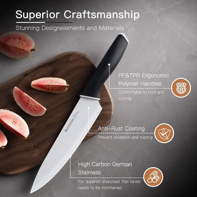 Alt view image 3 of 7 - Astercook Knife Set, 14 Pieces Kitchen Knives Set with Healthy Anti-Rust Coating, Stainless Steel Knife Sets with Built-in Sharpener, Sharp & Rust Resistant Dishwasher Safe Elegant Black