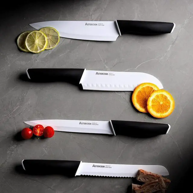 Alt view image 6 of 7 - Astercook Knife Set, 14 Pieces Kitchen Knives Set with Healthy Anti-Rust Coating, Stainless Steel Knife Sets with Built-in Sharpener, Sharp & Rust Resistant Dishwasher Safe Elegant Black