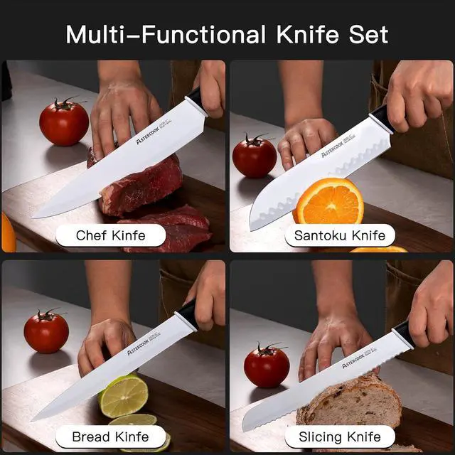 Alt view image 7 of 7 - Astercook Knife Set, 14 Pieces Kitchen Knives Set with Healthy Anti-Rust Coating, Stainless Steel Knife Sets with Built-in Sharpener, Sharp & Rust Resistant Dishwasher Safe Elegant Black
