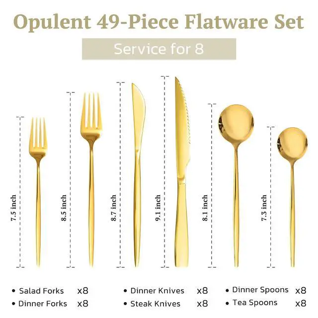 Alt view image 2 of 7 - Astercook 49-Pieces Gold Silverware Set with Steak Knives for 8 - Great Food-Grade Stainless Steel Flatware Set, Mirror-polished Cutlery Utensil Sets, Perfect for Home Restaurant Banquet Use, Gold