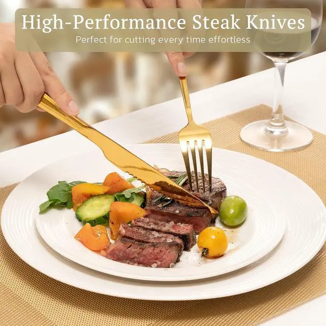 Alt view image 4 of 7 - Astercook 25-Pieces Gold Silverware Set with Steak Knives for 4 - Great Food-Grade Stainless Steel Flatware Set, Mirror-polished Cutlery Utensil Sets, Ideal for Home Restaurant & Banquet Use, Gold