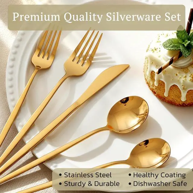 Alt view image 3 of 7 - Astercook 25-Pieces Gold Silverware Set with Steak Knives for 4 - Great Food-Grade Stainless Steel Flatware Set, Mirror-polished Cutlery Utensil Sets, Ideal for Home Restaurant & Banquet Use, Gold