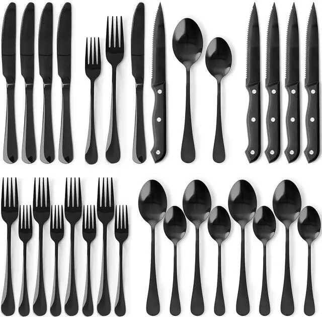Main image of Astercook 25-Pieces Black Silverware Set with Steak Knives, Black Flatware Set for 4, Food-Grade 410 Stainless Steel Tableware Cutlery Set, Eating Mirror Polished Utensil Set for Home Restaurant