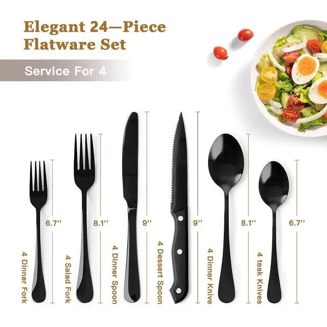 Alt view image 5 of 7 - Astercook 25-Pieces Black Silverware Set with Steak Knives, Black Flatware Set for 4, Food-Grade 410 Stainless Steel Tableware Cutlery Set, Eating Mirror Polished Utensil Set for Home Restaurant