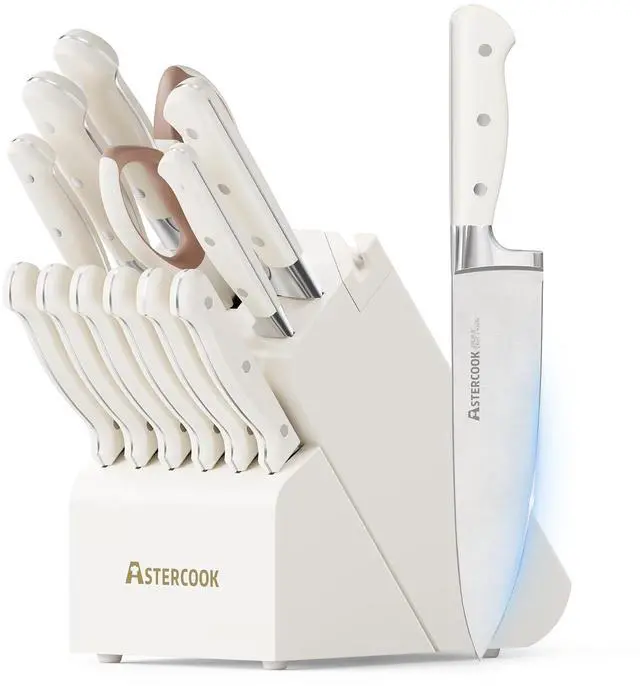 Main image of Astercook 14-Piece Knife Set with Block and Built-in Sharpener, Professional Full-Tang Kitchen Knife Set, Elegant Cream White Design for for Modern Kitchens and Housewarming Gifts