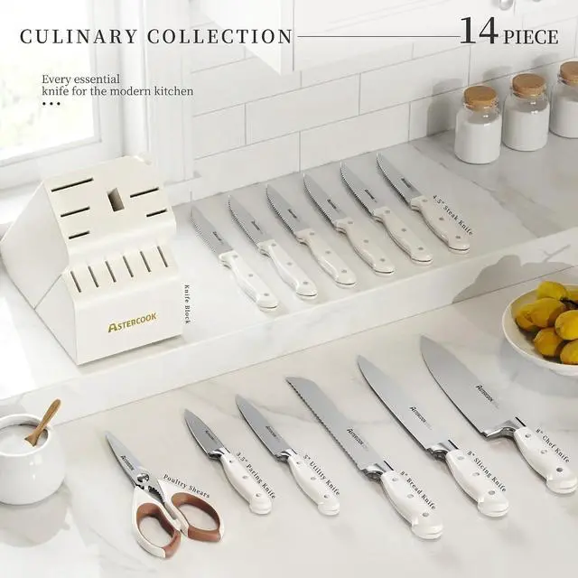 Alt view image 2 of 7 - Astercook 14-Piece Knife Set with Block and Built-in Sharpener, Professional Full-Tang Kitchen Knife Set, Elegant Cream White Design for for Modern Kitchens and Housewarming Gifts