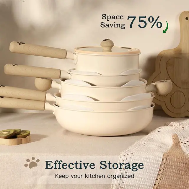 Alt view image 3 of 7 - Astercook 17-Piece Ceramic Cookware Set with Dog Paw Wooden Handles, Nonstick Pots and Pans Set for Home & Camping, Induction Compatible and Dishwasher Safe, Grate Gift for Pet Lovers & Families