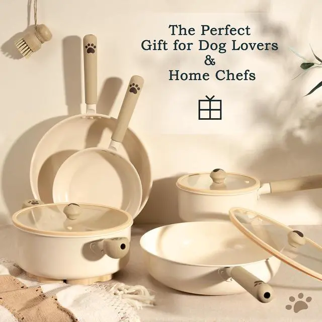 Alt view image 7 of 7 - Astercook 17-Piece Ceramic Cookware Set with Dog Paw Wooden Handles, Nonstick Pots and Pans Set for Home & Camping, Induction Compatible and Dishwasher Safe, Grate Gift for Pet Lovers & Families