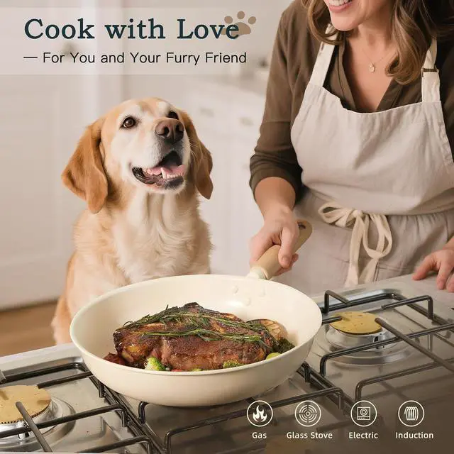 Alt view image 5 of 7 - Astercook 17-Piece Ceramic Cookware Set with Dog Paw Wooden Handles, Nonstick Pots and Pans Set for Home & Camping, Induction Compatible and Dishwasher Safe, Grate Gift for Pet Lovers & Families