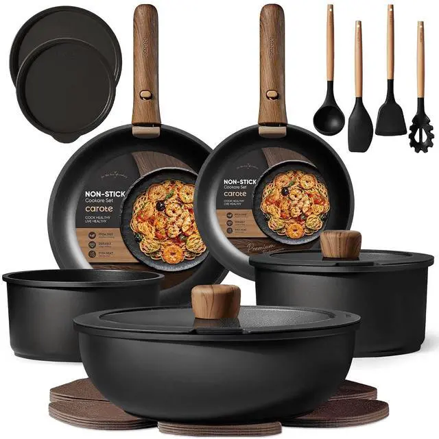 Main image of CAROTE 19pcs Pots and Pans Set Non Stick, Detachable Handle Cookware, Black | Induction Compatible, Dishwasher & Oven Safe, Space Saving, for Camping/RV/Traveling, Kitchen Cooking Set