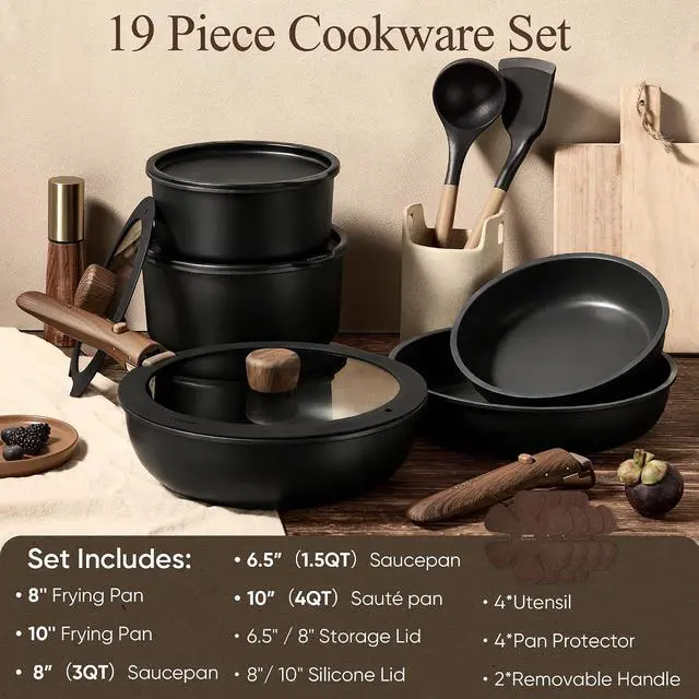 Alt view image 2 of 7 - CAROTE 19pcs Pots and Pans Set Non Stick, Detachable Handle Cookware, Black | Induction Compatible, Dishwasher & Oven Safe, Space Saving, for Camping/RV/Traveling, Kitchen Cooking Set