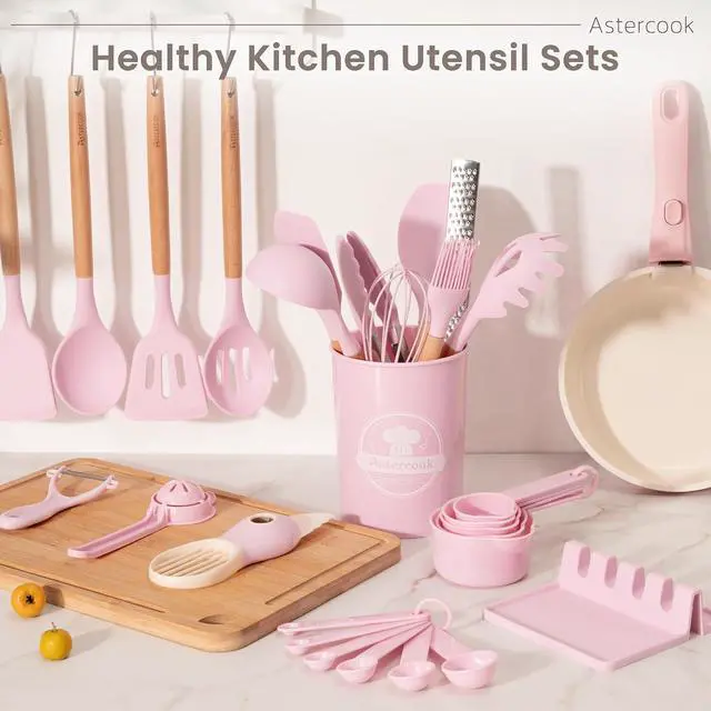 Alt view image 5 of 7 - Astercook Silicone Cooking Utensils Set, 38 PCS Kitchen Utensils Set for 446°F Heat Resistant, Food Grade Utensil Sets with Wooden Handle, Kitchen Gadgets for Nonstick Cookware BPA Free (Pink)