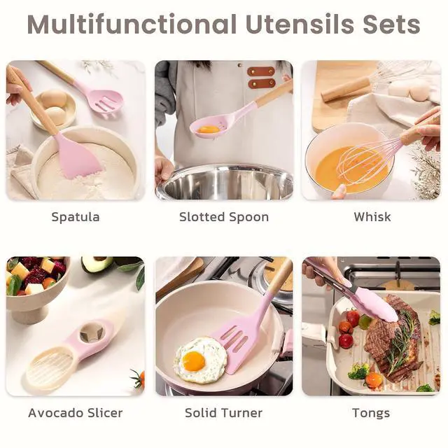 Alt view image 4 of 7 - Astercook Silicone Cooking Utensils Set, 38 PCS Kitchen Utensils Set for 446°F Heat Resistant, Food Grade Utensil Sets with Wooden Handle, Kitchen Gadgets for Nonstick Cookware BPA Free (Pink)