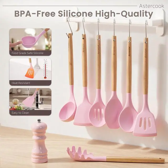 Alt view image 7 of 7 - Astercook Silicone Cooking Utensils Set, 38 PCS Kitchen Utensils Set for 446°F Heat Resistant, Food Grade Utensil Sets with Wooden Handle, Kitchen Gadgets for Nonstick Cookware BPA Free (Pink)