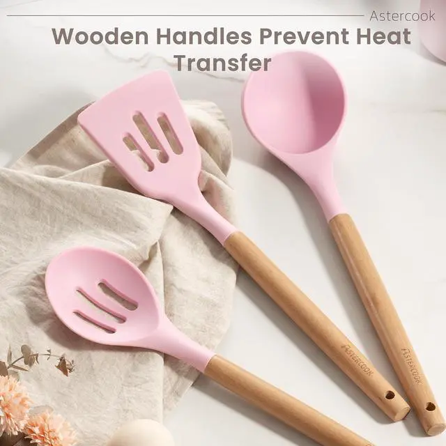 Alt view image 6 of 7 - Astercook Silicone Cooking Utensils Set, 38 PCS Kitchen Utensils Set for 446°F Heat Resistant, Food Grade Utensil Sets with Wooden Handle, Kitchen Gadgets for Nonstick Cookware BPA Free (Pink)