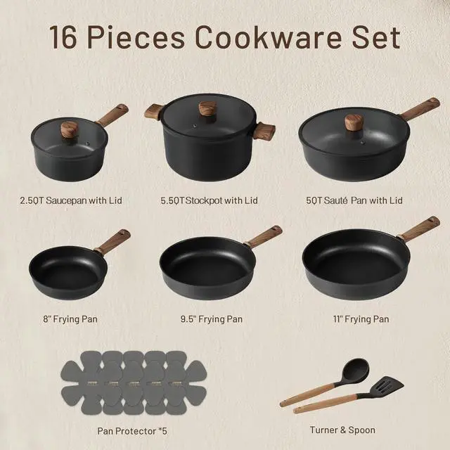 Alt view image 2 of 7 - CAROTE 16pcs Pots and Pans Set, Nonstick Cookware Sets | Titanium Reinforced Coating, Scratch-Resistant, Easy to Clean, Even Heating, Induction Compatible, with Frying Pans Set