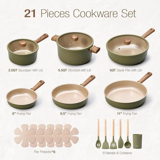 Alt view image 2 of 7 - CAROTE 21pcs Ceramic Cookware Set, Pots and Pans Set, Green | Non-Toxic Healthy Kitchen Cooking Set, Easy Clean, Even Heating, Fit All Stovetops, with Silicone Lids, PFAS FREE