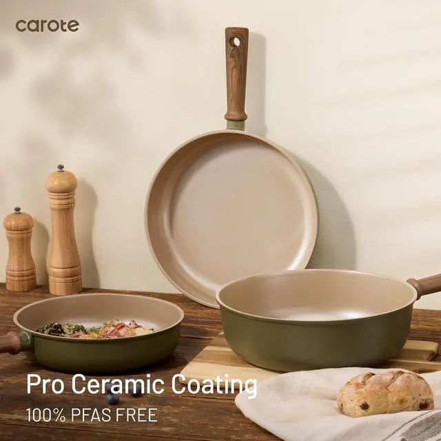 Alt view image 3 of 7 - CAROTE 21pcs Ceramic Cookware Set, Pots and Pans Set, Green | Non-Toxic Healthy Kitchen Cooking Set, Easy Clean, Even Heating, Fit All Stovetops, with Silicone Lids, PFAS FREE