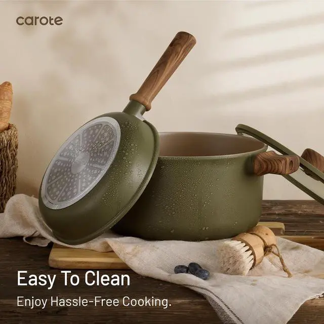 Alt view image 5 of 7 - CAROTE 21pcs Ceramic Cookware Set, Pots and Pans Set, Green | Non-Toxic Healthy Kitchen Cooking Set, Easy Clean, Even Heating, Fit All Stovetops, with Silicone Lids, PFAS FREE