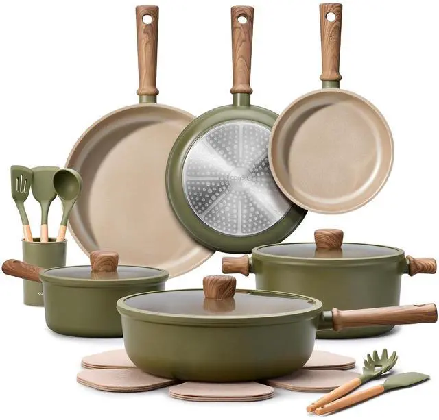 Main image of CAROTE 21pcs Ceramic Cookware Set, Pots and Pans Set, Green | Non-Toxic Healthy Kitchen Cooking Set, Easy Clean, Even Heating, Fit All Stovetops, with Silicone Lids, PFAS FREE