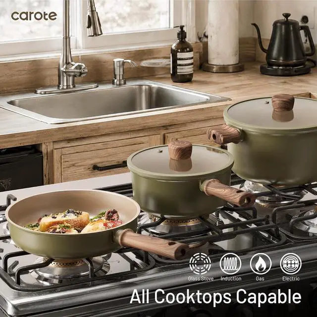 Alt view image 7 of 7 - CAROTE 21pcs Ceramic Cookware Set, Pots and Pans Set, Green | Non-Toxic Healthy Kitchen Cooking Set, Easy Clean, Even Heating, Fit All Stovetops, with Silicone Lids, PFAS FREE