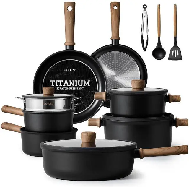 Main image of CAROTE Nonstick Pots and Pans Set, Cookware Set | Titanium Reinforced Coating, Scratch-Resistant, Easy to Clean, Even Heating, Induction Compatible, with Frying Pans Set