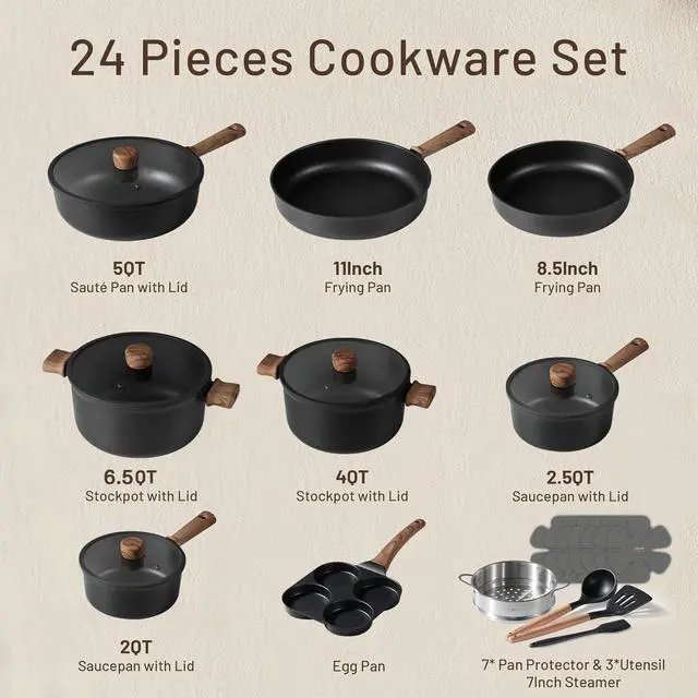 Alt view image 2 of 7 - CAROTE 24pcs Nonstick Cookware Sets, Pots and Pans Set | Titanium Infused, Ultra Durable, Fast & Even Heating, Easy Clean, All-Stovetop Compatible, with 6.5-Qt Stockpot & Egg Pan