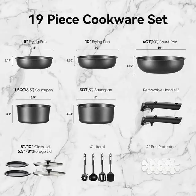 Alt view image 2 of 6 - CAROTE 19pcs Pots and Pans Set Non Stick, Detachable Handle Cookware | Kitchen Cooking Sets, Space Saving, Dishwasher & Oven Safe, Non-Toxic, for Camping/RV/Traveling, Black