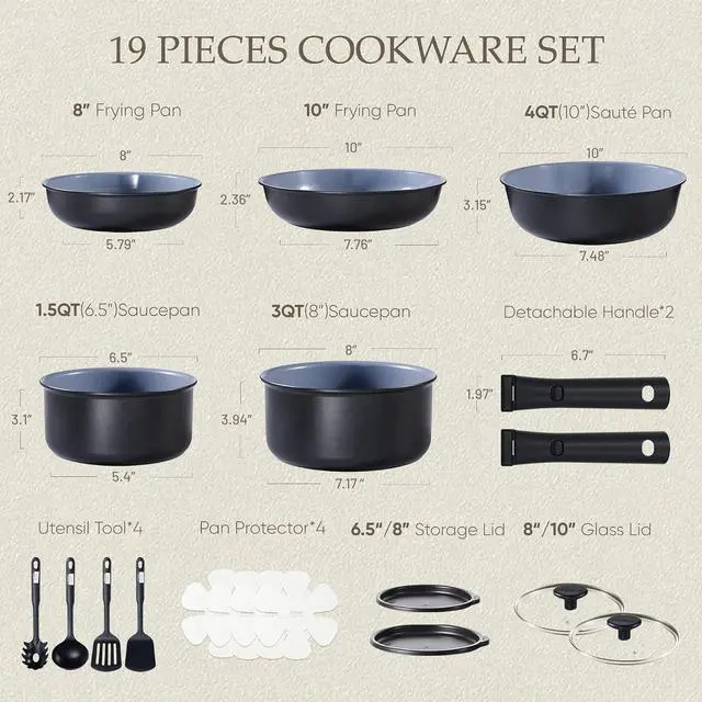 Alt view image 2 of 7 - CAROTE 19pcs Ceramic Cookware Set Detachable Handle,Pots and Pans Non Stick | Kitchen Cooking Sets, Space Saving, Dishwasher & Oven Safe, Non-Toxic, for Camping/RV/Traveling, Black/Grey