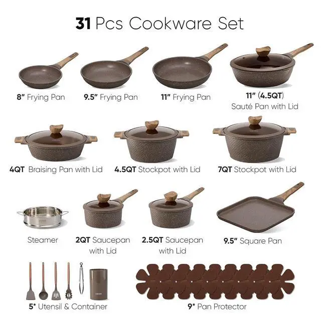 Alt view image 2 of 7 - CAROTE 31pcs Nonstick Pots and Pans Set, Cookware Sets with Square Pan | Durable, Special Textured Surface, Easy Food Release, Even Heating, Induction Compatible, with Frying Pans Set & Braiser
