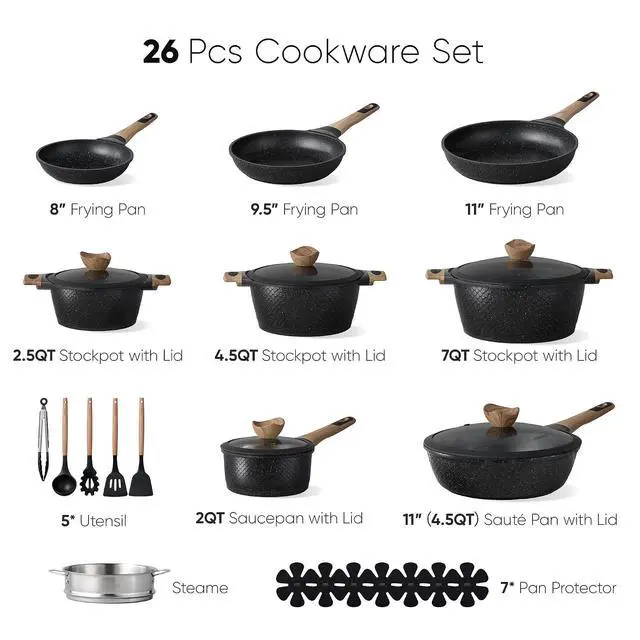 Alt view image 2 of 7 - CAROTE 26pcs Nonstick Pots and Pans Set, Cookware Sets | Induction Kitchen Set, Durable, Innovative Surface Texture, Fit All Stovetops, Fast & Even Heating, with Stockpot & Steamer