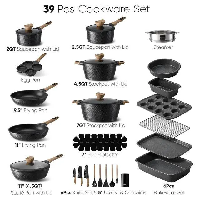 Alt view image 2 of 7 - CAROTE 39pcs Nonstick Cookware Sets, Pots and Pans Set with Bakeware | Induction Kitchen Cooking Set, Special Texture Design, Ultra Durable, Easy Food Release, Even Heating, with Knife Set