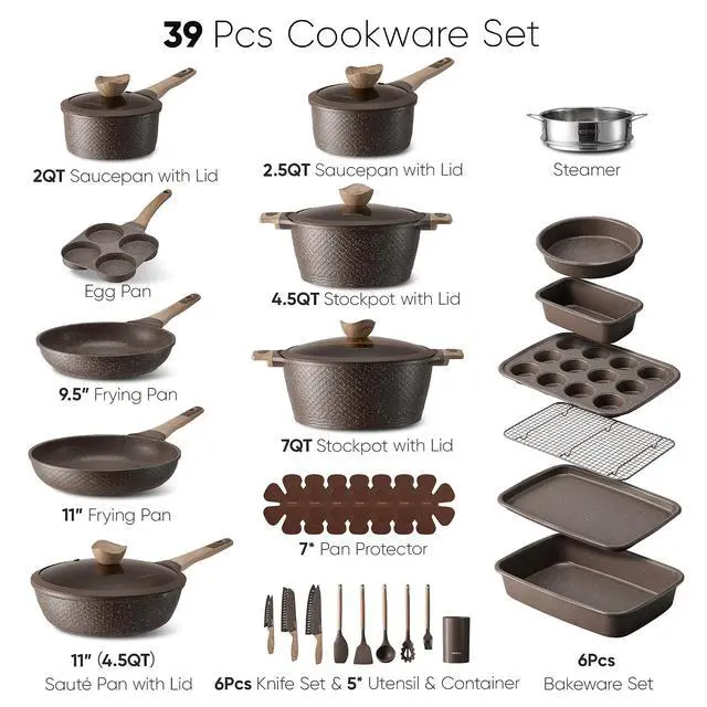 Alt view image 2 of 7 - CAROTE 39pcs Pots and Pans Set, Nonstick Cookware Sets with Bakeware | Easy Clean, Distinctive Textured Design, Even Heating, All-Stovetop Compatible, with Kitchen Knife Set & Egg Pan