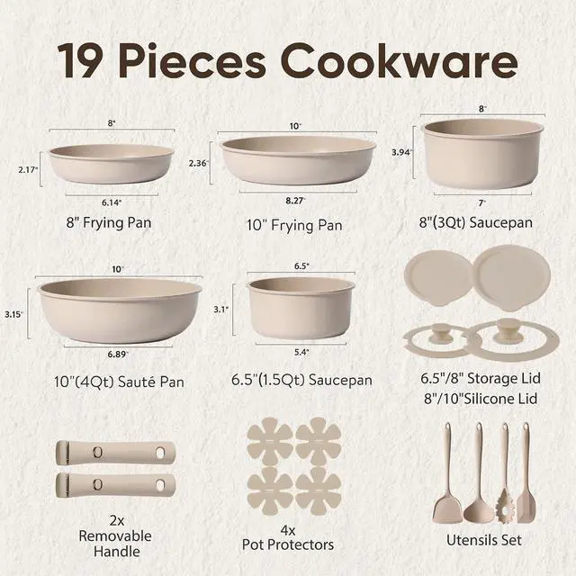 Alt view image 2 of 7 - CAROTE 19pcs Pots and Pans Set Non Stick, Detachable Handle Cookware Sets | Ultra Nonstick, Space Saving, Dishwasher & Oven Safe, Non-Toxic Kitchen/Apartment/Camping/RV/ Traveling, Taupe