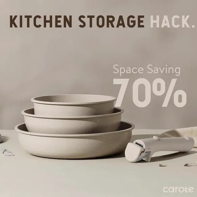 Alt view image 4 of 7 - CAROTE 19pcs Pots and Pans Set Non Stick, Detachable Handle Cookware Sets | Ultra Nonstick, Space Saving, Dishwasher & Oven Safe, Non-Toxic Kitchen/Apartment/Camping/RV/ Traveling, Taupe