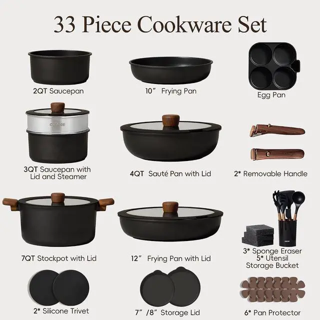 Alt view image 2 of 7 - CAROTE 33pcs Pots and Pans Set Non Stick, Detachable Handle Cookware Set | Induction Compatible, Dishwasher & Oven Safe, Space Saving, for Camping/RV/Traveling, Kitchen Cooking Set, Black