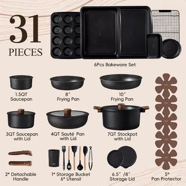 Alt view image 2 of 7 - CAROTE 31pcs Pots and Pans Set Non Stick, Cookware Set Detachable Handle | Baking Pans Set, Induction Compatible, Dishwasher & Oven Safe, Space Saving, Camping Cooking Set, Kitchen Set, Black