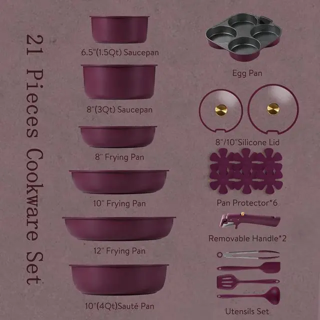 Alt view image 2 of 7 - CAROTE 21pcs Pots and Pans Set Non Stick, Detachable Handle Cookware Sets | Ultra Nonstick, Space Saving, Dishwasher & Oven Safe, Non-Toxic Kitchen/Apartment/Camping/RV/ Traveling, Purple