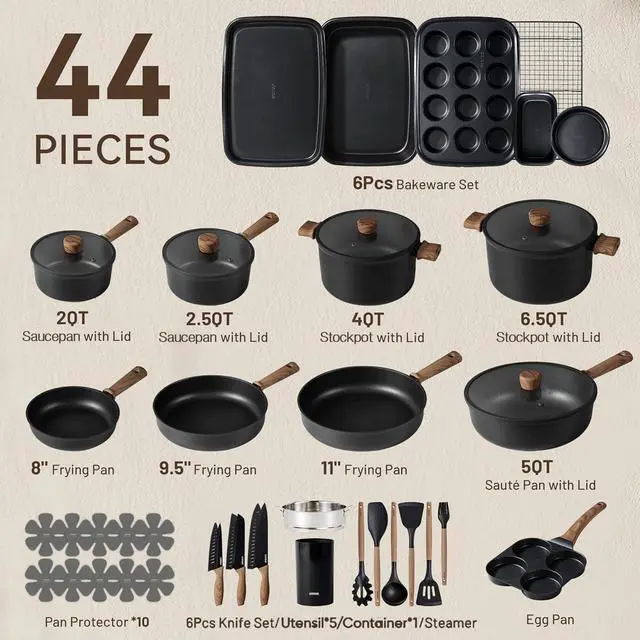 Alt view image 2 of 7 - CAROTE 44pcs Pots and Pans, Nonstick Cookware Set with Bakeware | Induction Kitchen Cooking Set, Durable, Easy Food Release, Even Heating, with Knife Set
